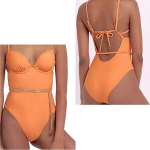 RIVER ISLAND Chain Detail Underwire One-piece Swimsuit Orange Sz. 10 UK / Small